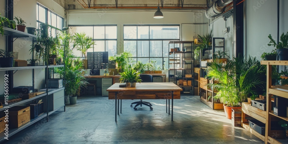 Sunlit modern office with abundant indoor plants, wooden furniture, and large windows. Sunlit modern office with abundant indoor plants, wooden furniture, and large windows.