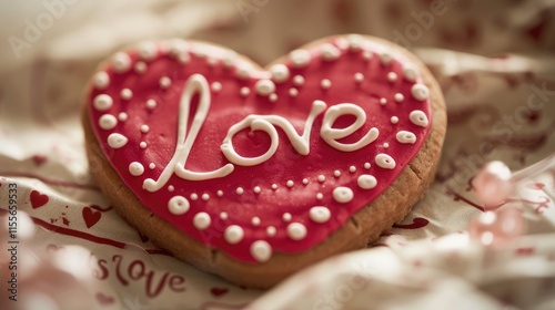 A heart-shaped cookie with red icing and the word Love written on it