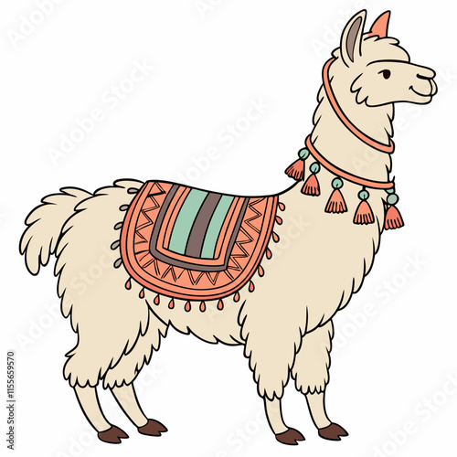 A colorful alpaca dressed in vibrant fabrics and ornaments, showcasing a festive, playful style.