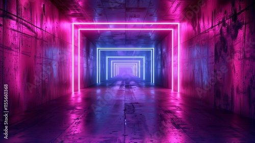 Sci-Fi grunge damaged metallic corridor background illuminated with neon lights 3d render