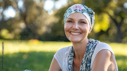 Smiling mature caucasian female with headscarf enjoying sunny day in park