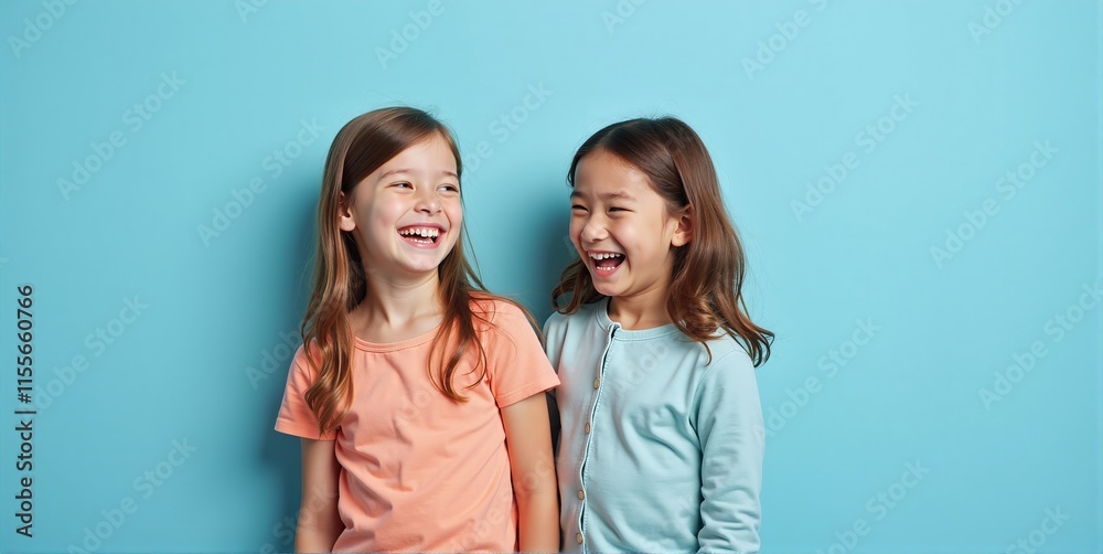 A portrait of two children laughing joyfully, celebrating their friendship and the pure joy of childhood together A portrait of two children laughing joyfully, celebrating their friendship and the pure joy of childhood together