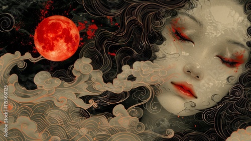 Mythical creatures. Japan myth. portrait of Amaterasu Omikami, the compassionate goddess of the sun, art nouveau 2d style image photo