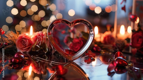  A heart-shaped mirror reflecting a table filled with Valentine’s Day decorations