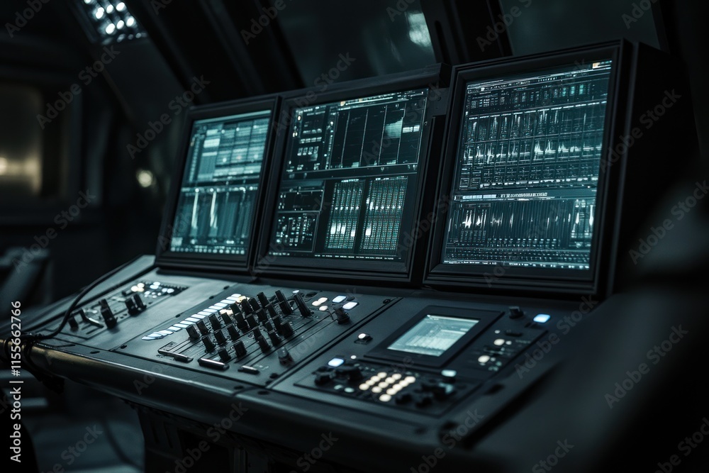 Futuristic control panel with multiple monitors displaying complex data streams and audio mixing console. Futuristic control panel with multiple monitors displaying complex data streams and audio mixing console.