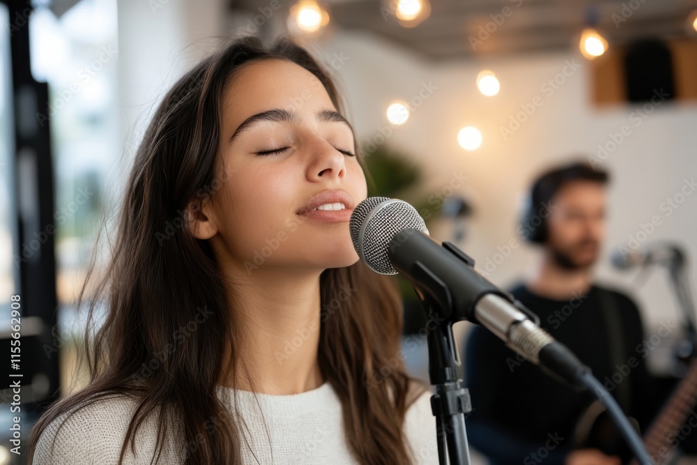 A joyful vocalist sings into the microphone during a studio session, embodying creativity and bringing an uplifting vibe, supported by a skilled guitarist. A joyful vocalist sings into the microphone during a studio session, embodying creativity and bringing an uplifting vibe, supported by a skilled guitarist.