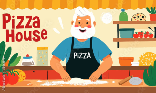Smiling Pizzaiolo Making Dough in Cozy Kitchen