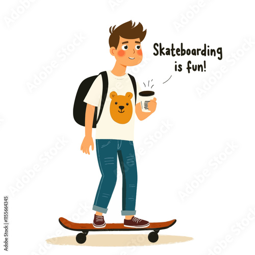 Skateboarding Teen with Coffee Cup and Backpack