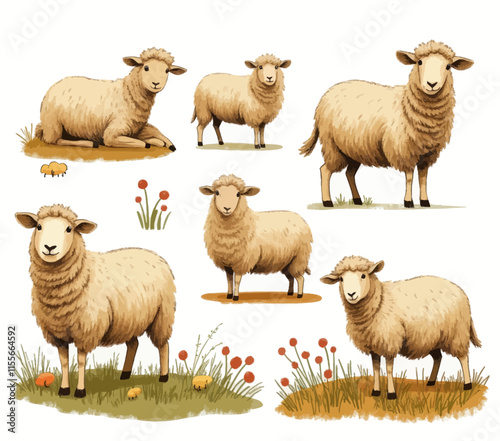Six Sheep in Various Pastoral Poses