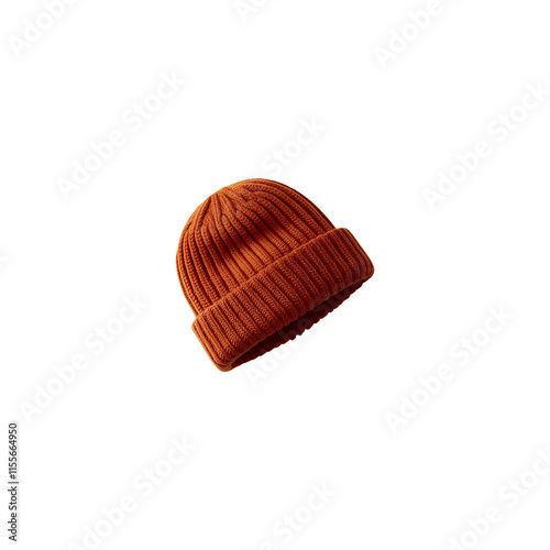 Orange knitted wool winter beanie with ribbed texture and a folded brim. Trendy color Ideal for keeping warm in cold weather Isolated on transparent and white background.