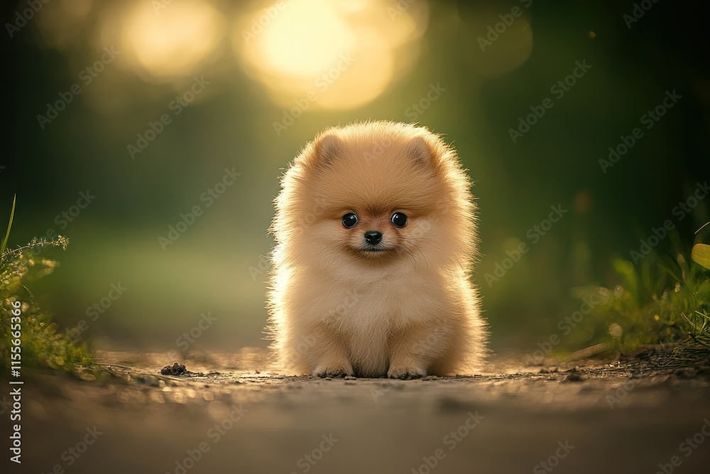 Adorable fluffy Pomeranian puppy sitting on a path at sunset. Adorable fluffy Pomeranian puppy sitting on a path at sunset.