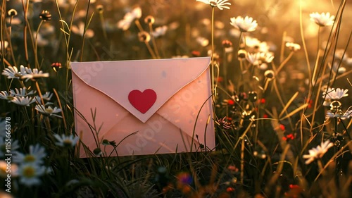 envelope with red heart in daisy field at sunrise, romantic message concept