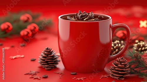 Red mug of hot chocolate with star anise, pine cones, and Christmas ornaments on red background.