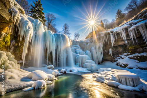 Frozen Waterfall Sparkling in Winter's Sunlight