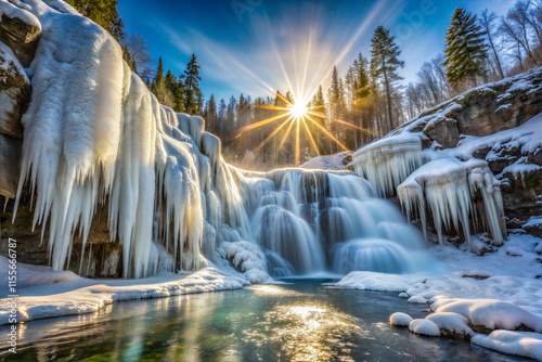 Frozen Waterfall Sparkling in Winter's Sunlight