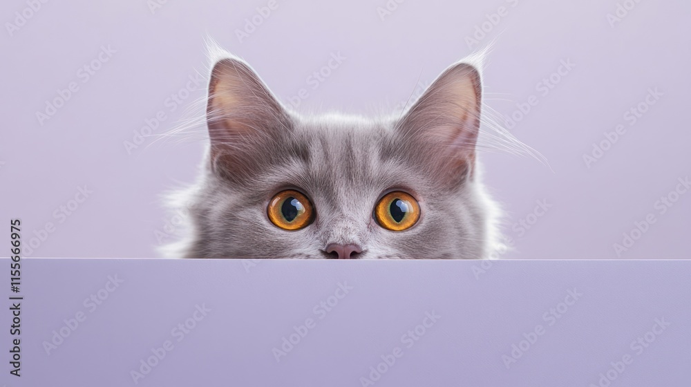 Curious grey kitten peeking over a light purple surface.