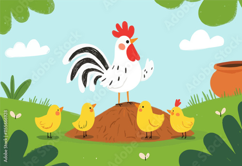 Rooster with Chicks in Garden
