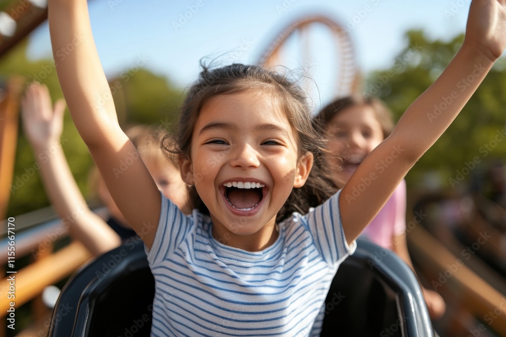 A cheerful girl with hands raised is filled with excitement while riding a roller coaster, capturing the thrill of amusement park adventures and the joy of childhood. A cheerful girl with hands raised is filled with excitement while riding a roller coaster, capturing the thrill of amusement park adventures and the joy of childhood.
