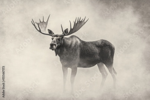 Majestic bull moose standing in foggy forest, sepia toned. photo