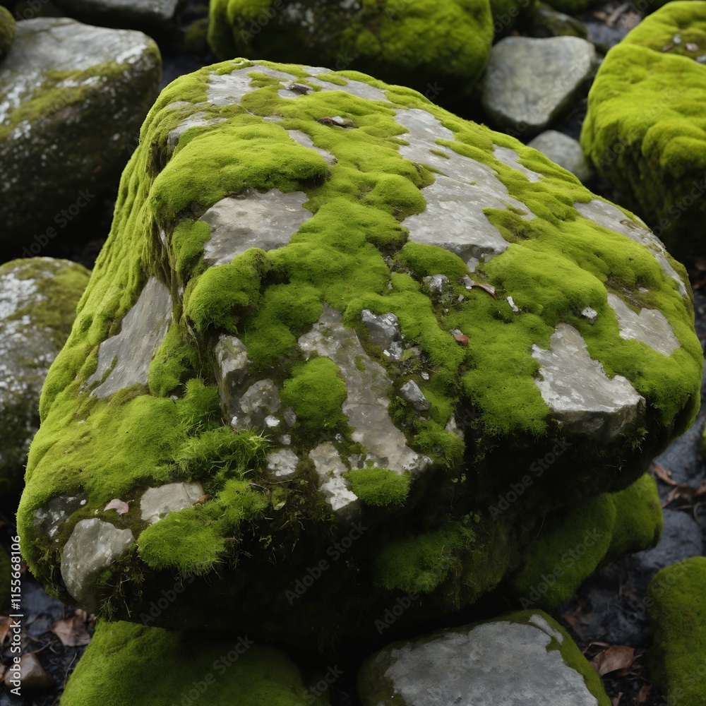 Lush Green Moss Covering Grey Stones Natural Rock Formation Lush Green Moss Covering Grey Stones Natural Rock Formation