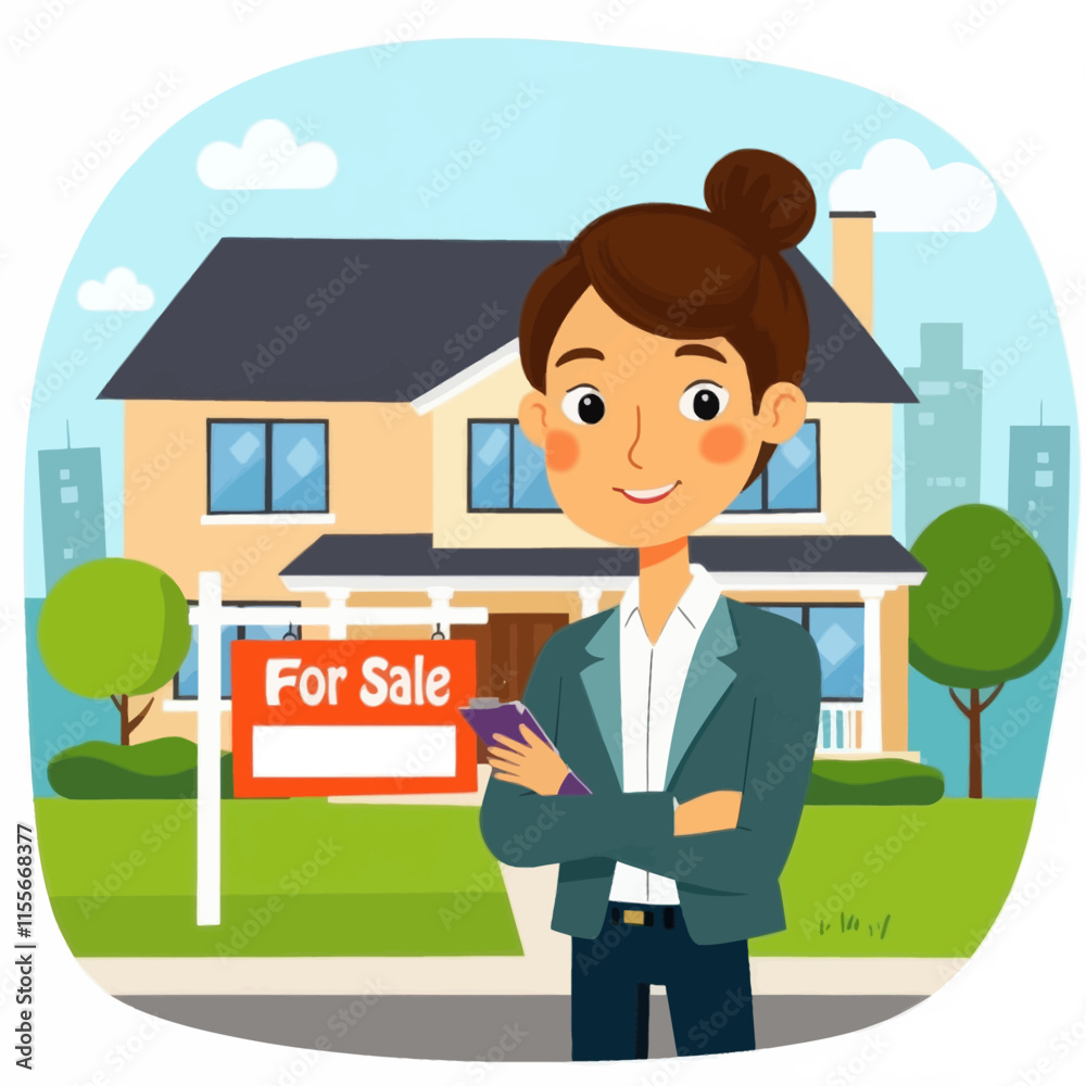 Real Estate Agent Presenting House for Sale Real Estate Agent Presenting House for Sale