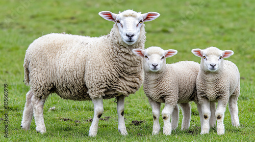 Ewe and Two Lambs in a Serene Pasture Setting photo