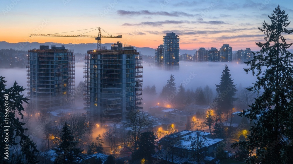 Cityscape at dawn, fog shrouding high-rise buildings under construction. Cityscape at dawn, fog shrouding high-rise buildings under construction.