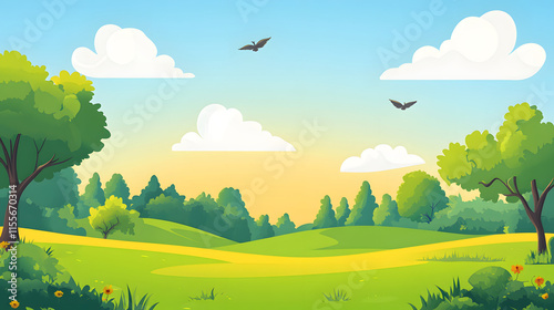 Idyllic Summer Landscape With Rolling Green Hills And Birds