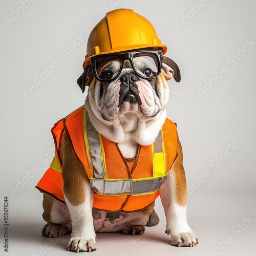 Bulldog wearing hard hat, safety glasses, and vest. (1)
