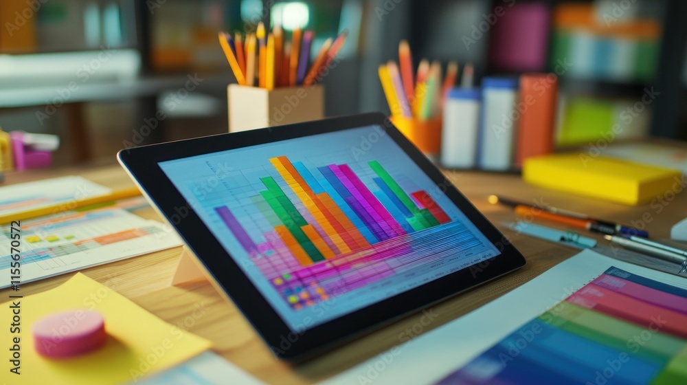 Colorful bar graph displayed on tablet, surrounded by stationery and papers on a wooden desk. Colorful bar graph displayed on tablet, surrounded by stationery and papers on a wooden desk.