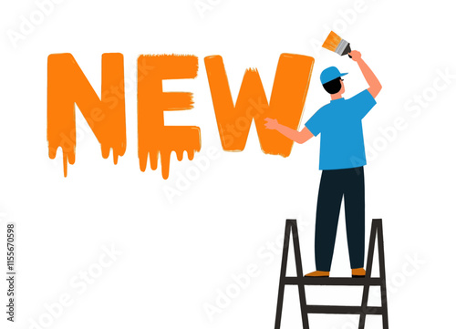 Painter creating a large sign saying 'NEW'