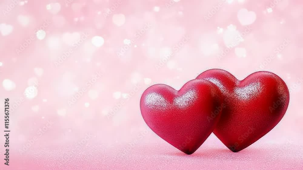 Valentines concept. Two hearts in love on luminated pink bokeh background