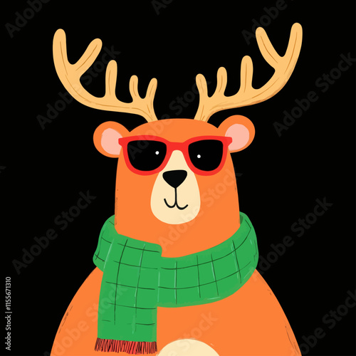 Orange reindeer wearing sunglasses and green scarf