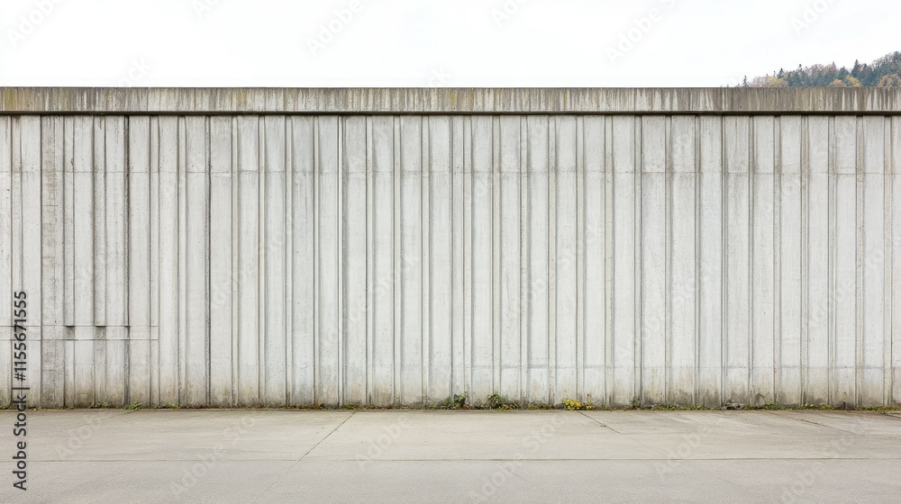A sturdy prefabricated concrete wall with vertical patterns, enclosing a secure storage facility. A sturdy prefabricated concrete wall with vertical patterns, enclosing a secure storage facility.