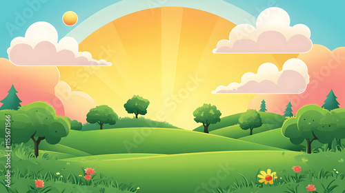 Idyllic Sunrise Over Rolling Green Hills and Trees