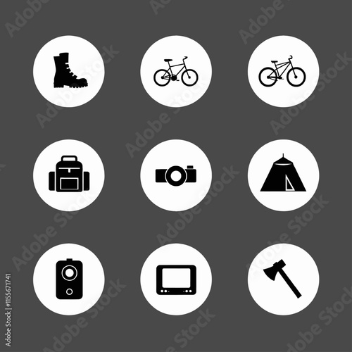 Nine Black Icons on Gray Background