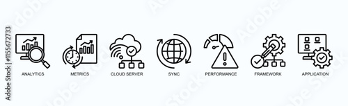Key Concepts In Modern Technology And Data Management Icon Set Isolated Vector Illustration Concept With Icon Of Analytics, Metrics, Cloud Server, Sync, Performance, Framework, Application