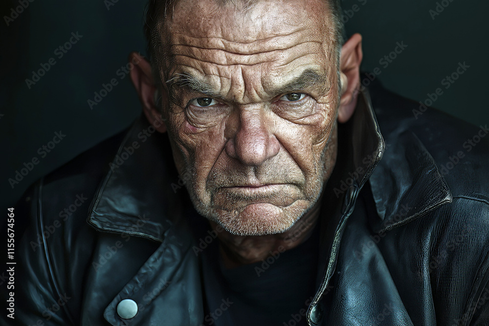 Portrait of a retired boxer with a rugged face, scars and wrinkles, wearing a leather jacket, looking directly at the camera with a nostalgic expression. Portrait of a retired boxer with a rugged face, scars and wrinkles, wearing a leather jacket, looking directly at the camera with a nostalgic expression.