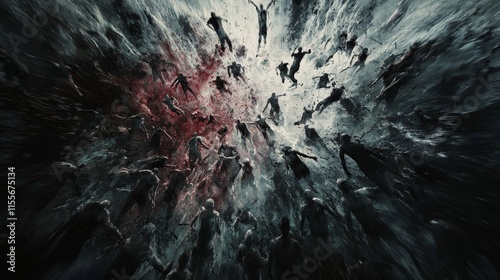 An abstract visualization of a zombie horde, using dark colors and aggressive shapes to convey the unstoppable force photo