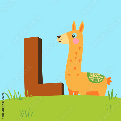 Llama standing next to large letter L
