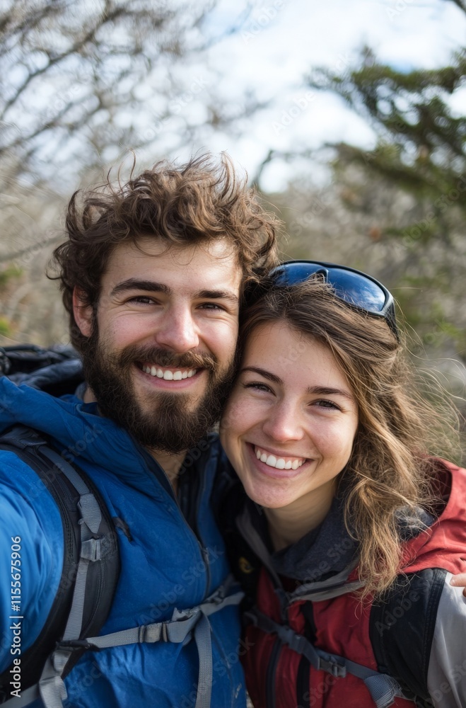 Young caucasian couple smiling in outdoor adventure setting with backpacks Young caucasian couple smiling in outdoor adventure setting with backpacks