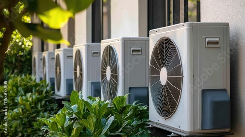 A sunny day view of a residential building with compact air conditioning units installed on each floor. photo