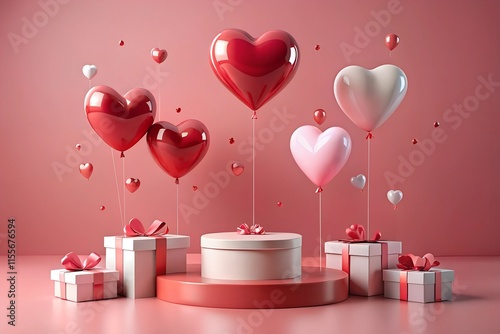 Happy valentines day decoration with gift box, heart shape balloon with copy space, 3D rendering illustration stock photo without text