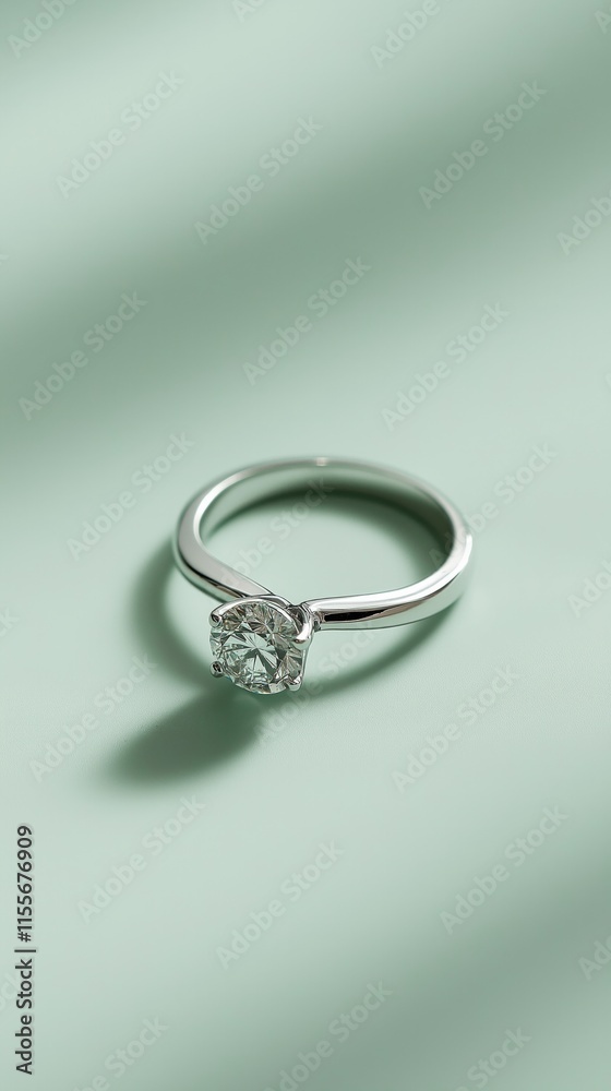 Elegant silver solitaire diamond ring on light green background Elegant silver solitaire diamond ring on light green background