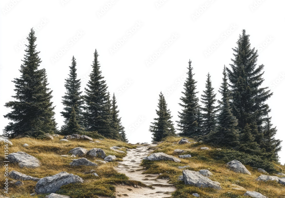 A serene forest path surrounded by evergreen trees and rocky terrain. A serene forest path surrounded by evergreen trees and rocky terrain.