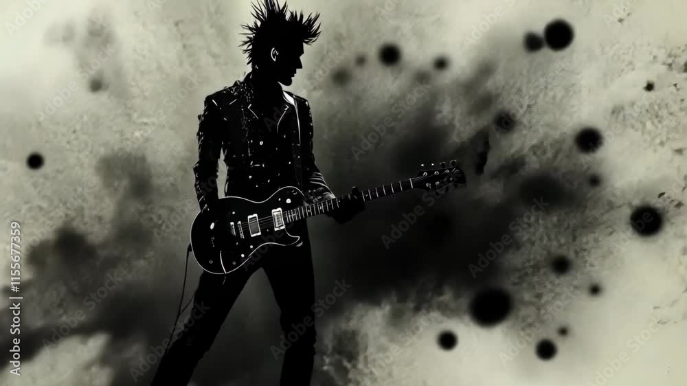 Electric guitar performance by a punk rock musician against a dramatic backdrop
