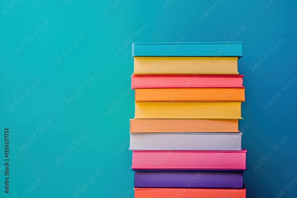 Colorful Books Stacked Against Teal Background Colorful Books Stacked Against Teal Background