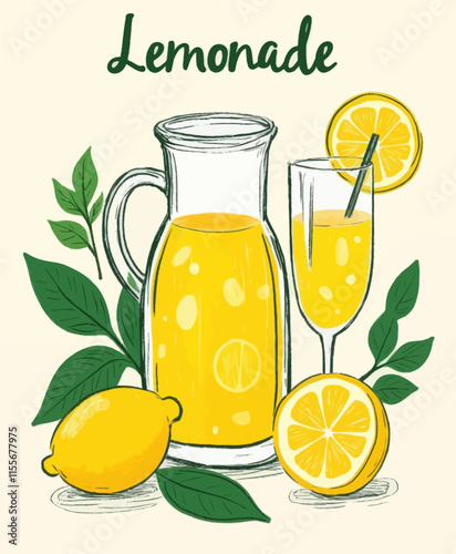 Illustrated Lemonade Pitcher and Glass