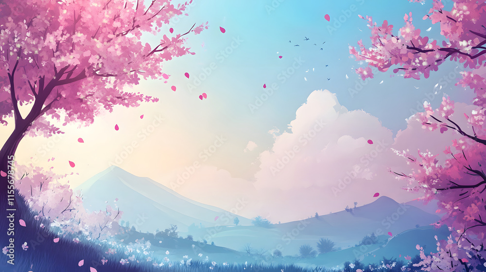 Serene Springtime Landscape with Cherry Blossoms and Mountains Serene Springtime Landscape with Cherry Blossoms and Mountains