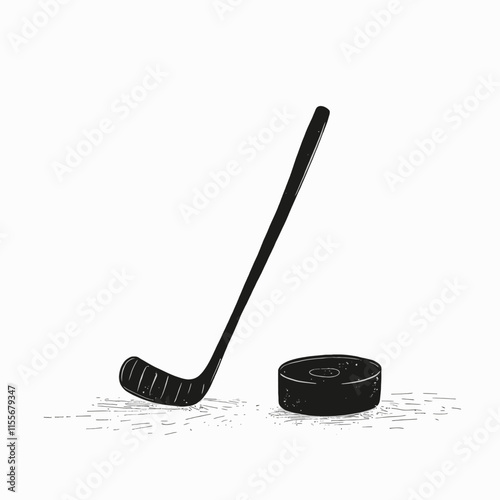 Hockey Stick and Puck on Ice